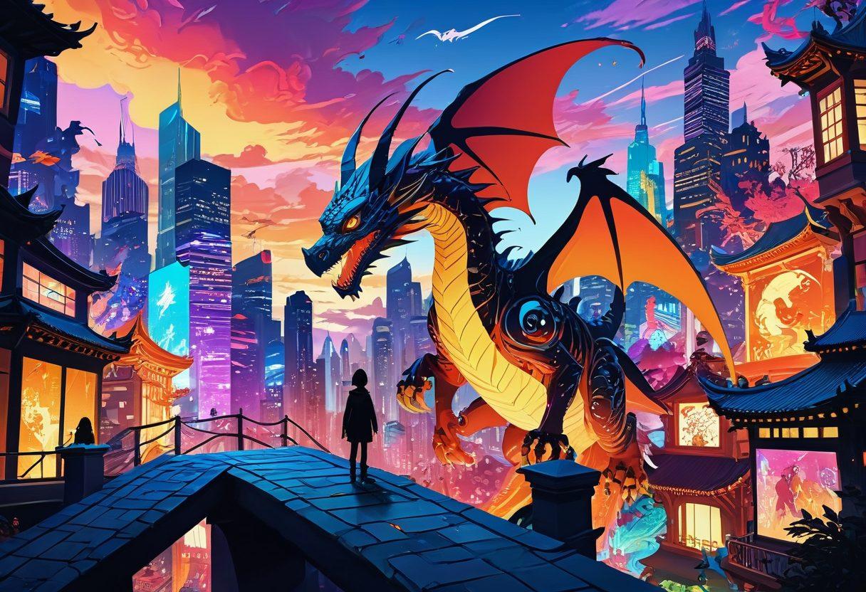 A vibrant and eclectic collage of scenes representing adult animation, showcasing diverse characters in whimsical settings, blending fantasy and reality. Include elements like a coiled dragon, a futuristic cityscape, and abstract patterns to symbolize cultural impact, all enveloped in a warm glow. The art style should reflect a mix of anime and modern digital art techniques, conveying a playful yet thought-provoking atmosphere. colorful, dynamic, digital illustration.